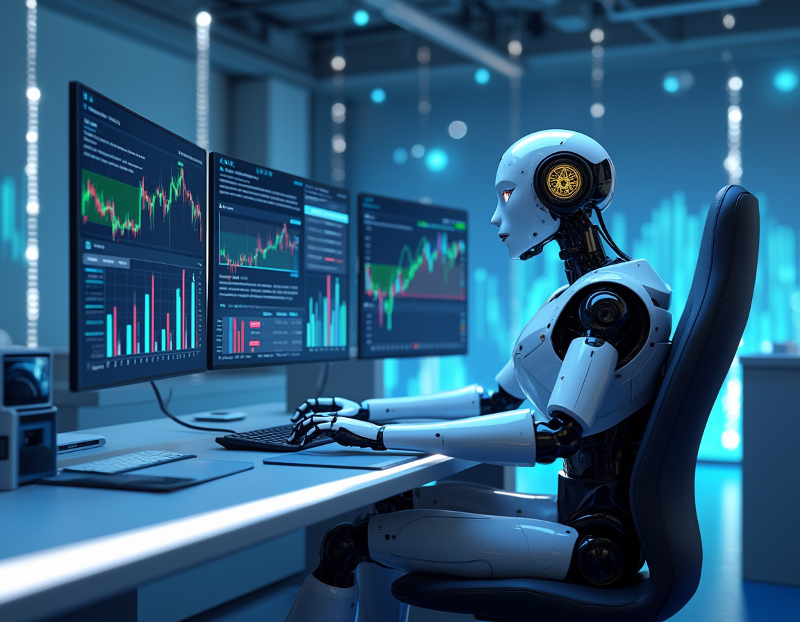 A hyper-realistic AI trading bot at a workstation analyzing market data in a futuristic setting.