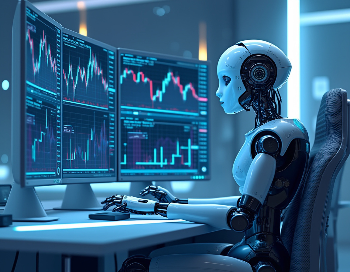 A humanoid AI trading bot at a high-tech workstation analyzing market data on multiple screens.