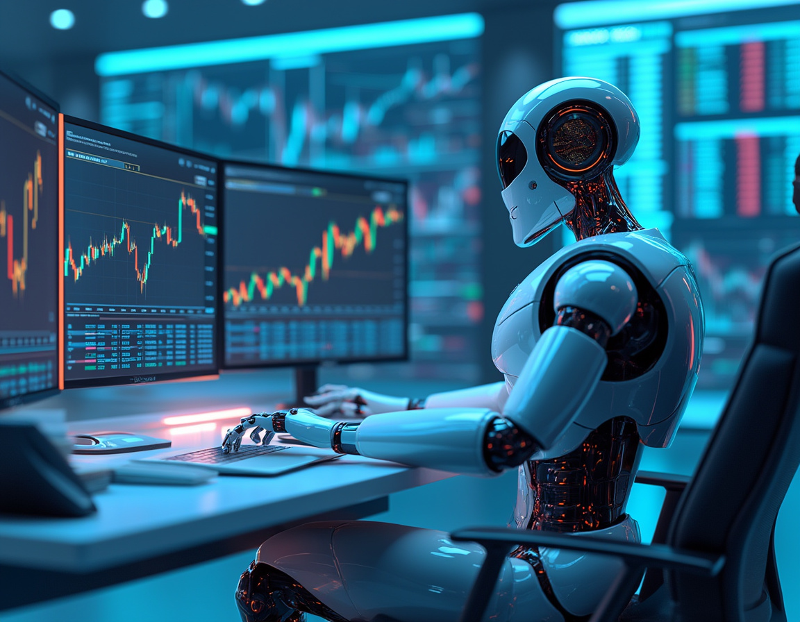 Hyper-realistic AI trading bot at a workstation analyzing charts in a futuristic environment.
