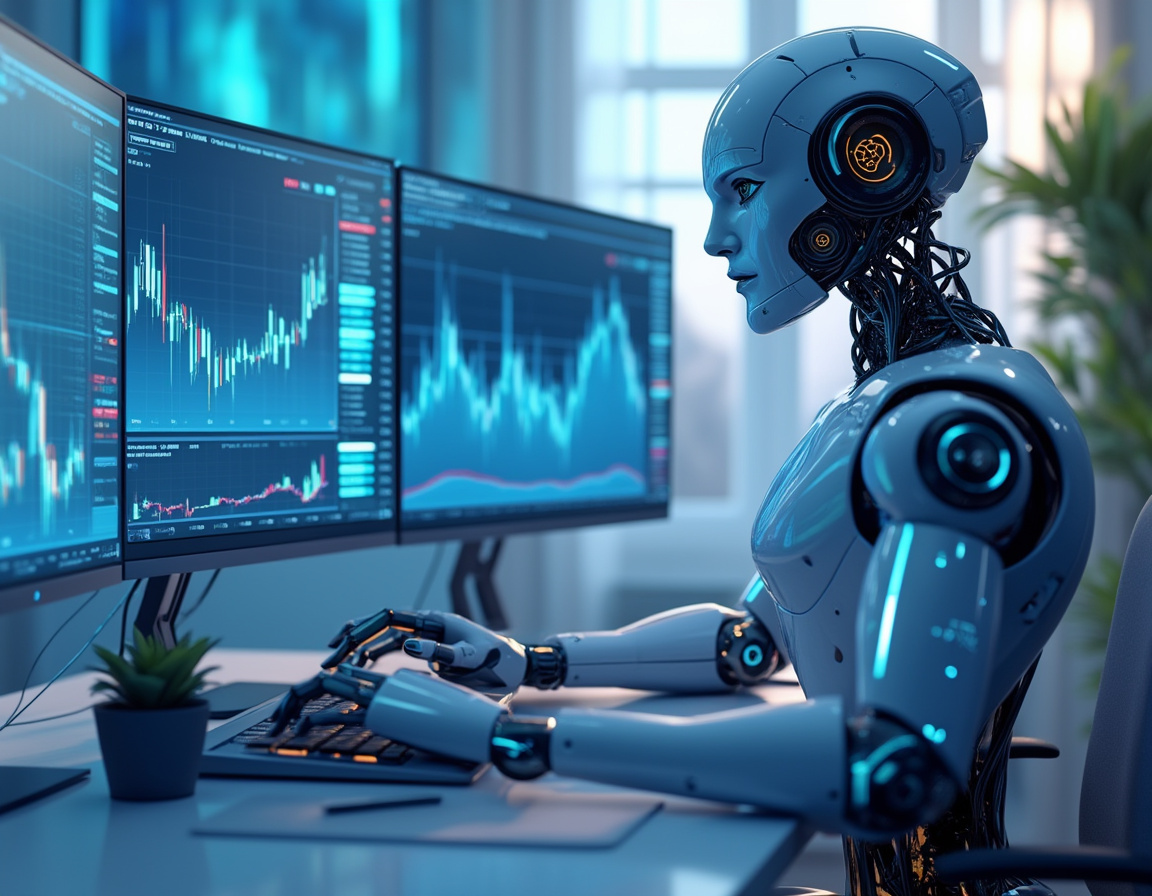 A hyper-realistic AI trading bot in a sleek workstation analyzing market data with multiple screens.
