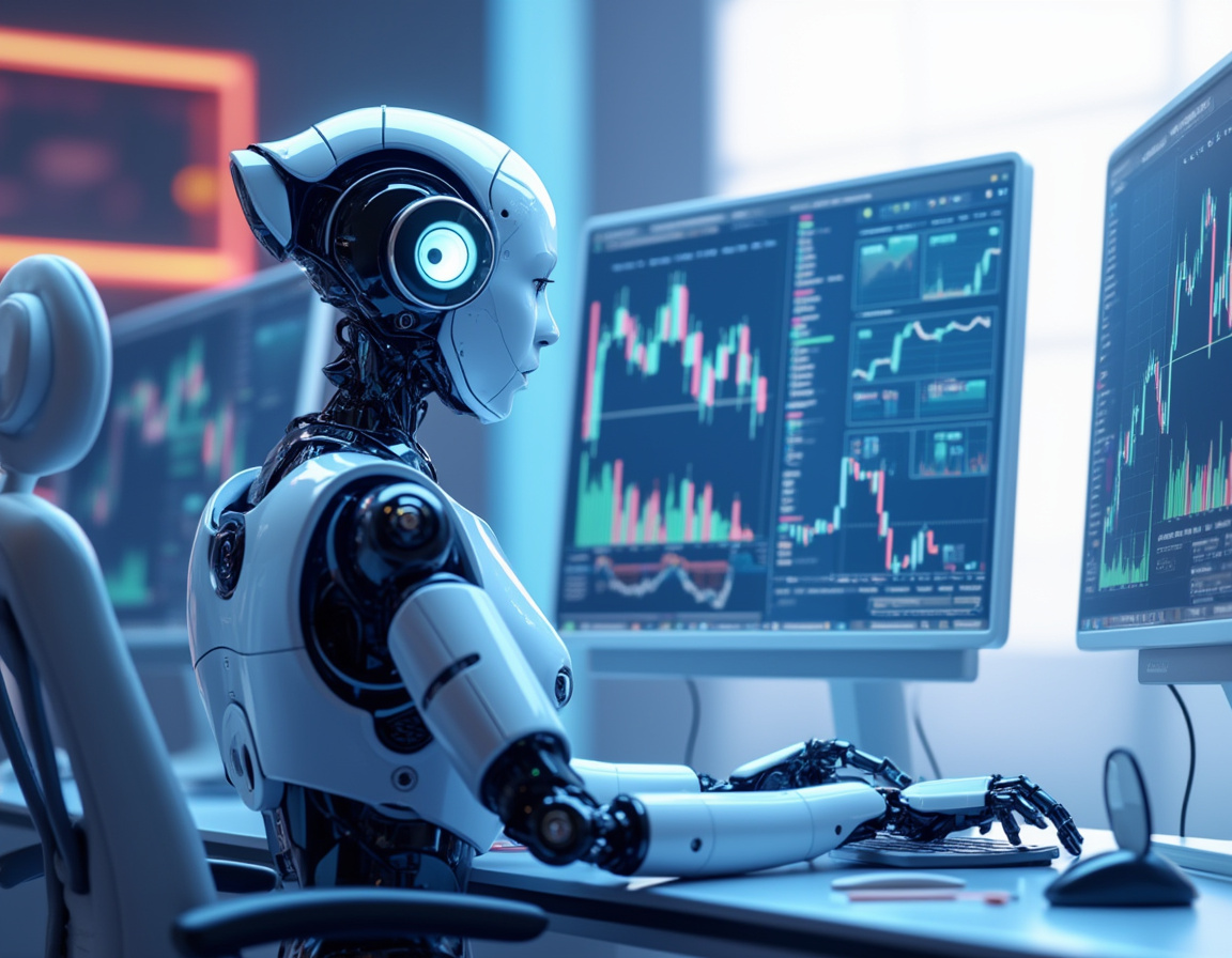 A futuristic AI trading bot analyzes market data at a high-tech workstation with multiple screens.