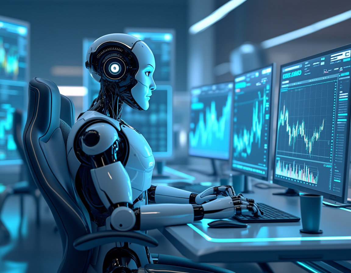 A hyper-realistic AI trading bot at a workstation analyzing market data with screens showing trends.