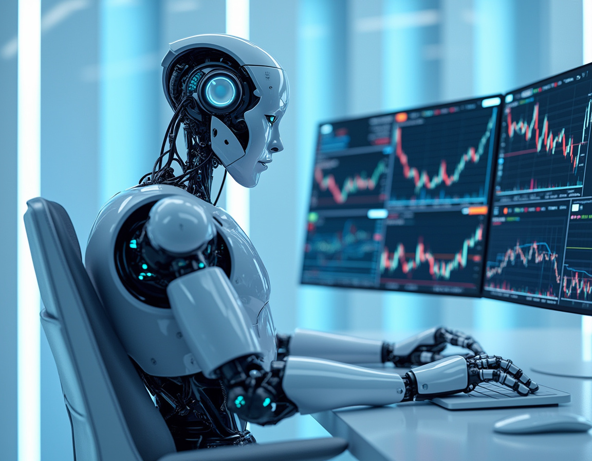A humanoid AI trading bot at a workstation, analyzing crypto market data on multiple screens.
