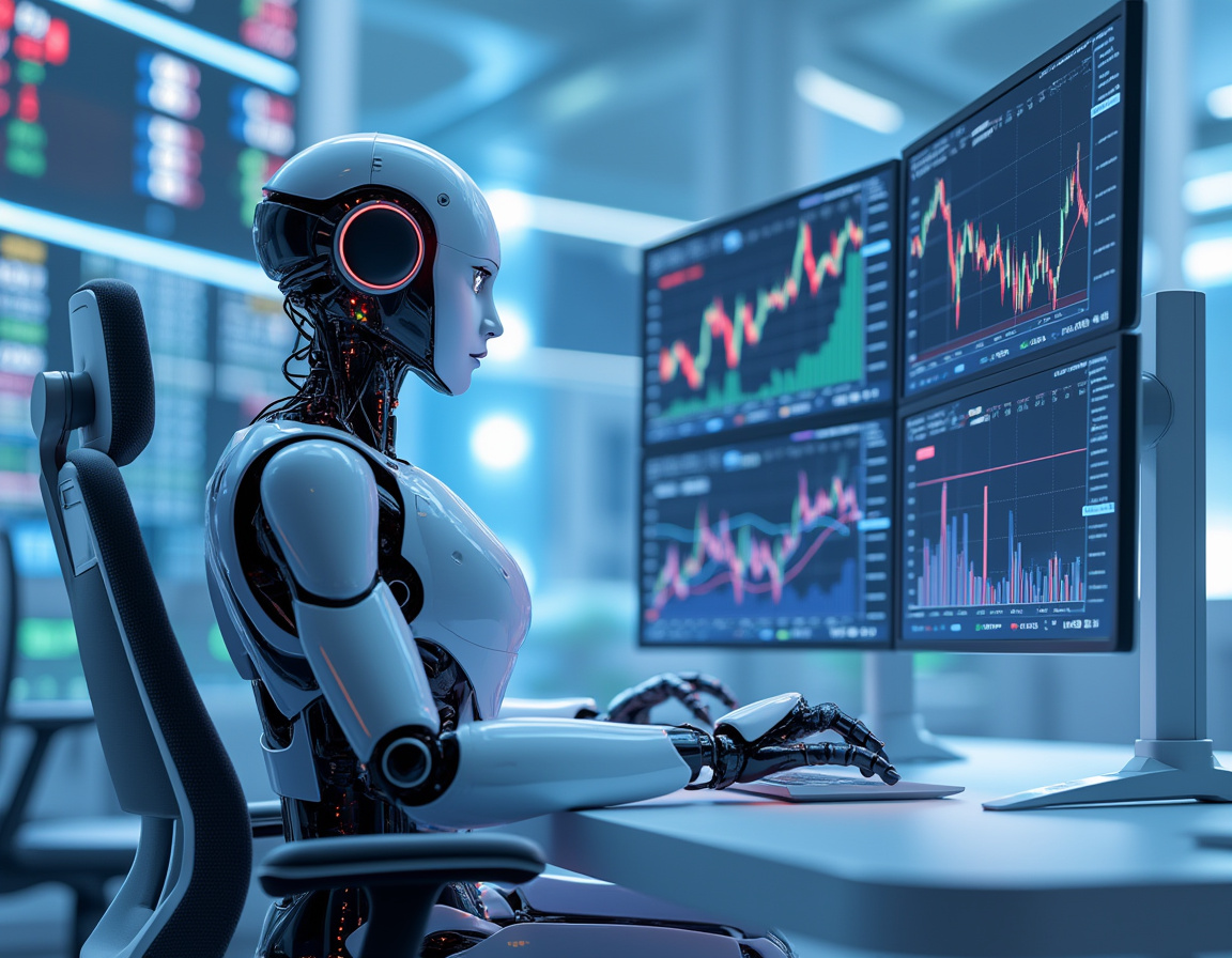 A sleek humanoid AI trading bot analyzes market data on multiple screens in a futuristic workspace.