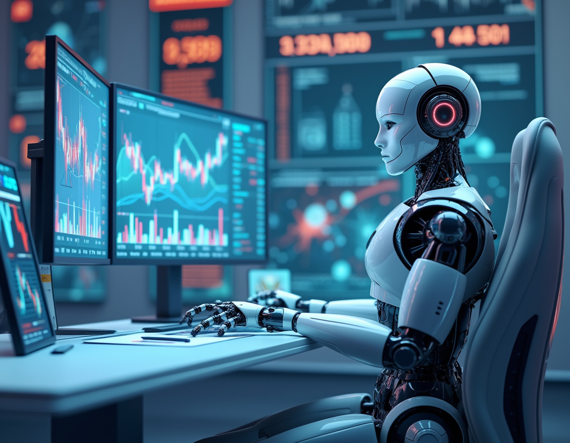 A hyper-realistic AI trading bot analyzes market data on multiple screens in a futuristic workspace.