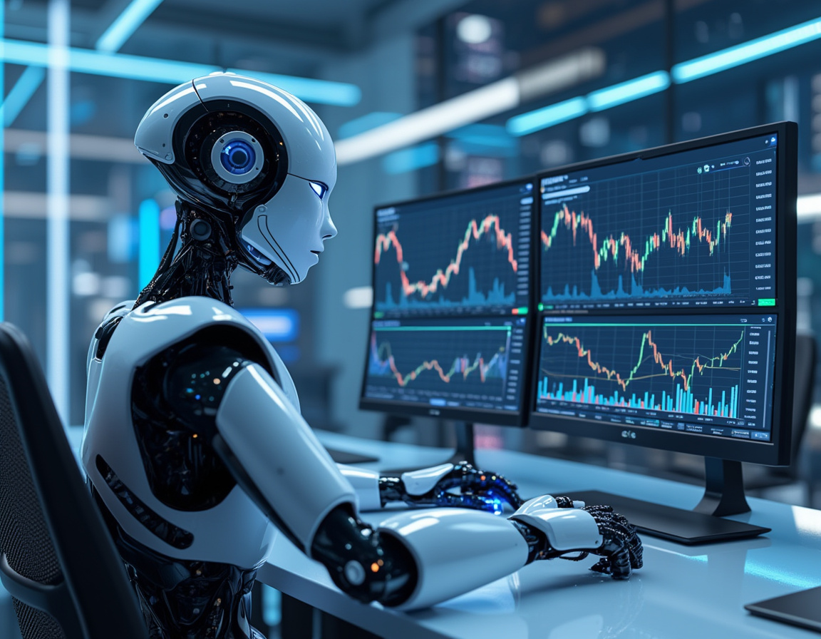 A hyper-realistic AI trading bot at a workstation, analyzing market data on multiple screens.