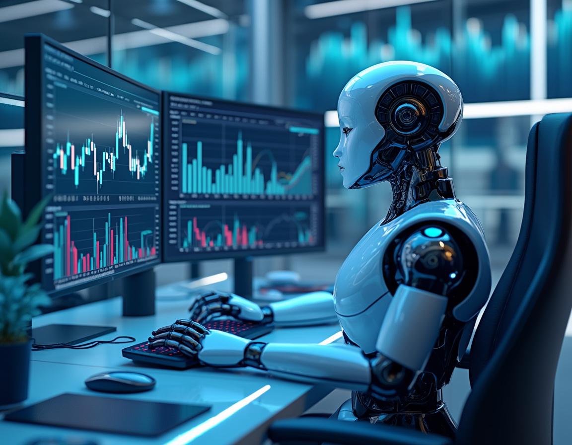 A humanoid AI trading bot analyzes market data at a futuristic workstation with multiple screens.