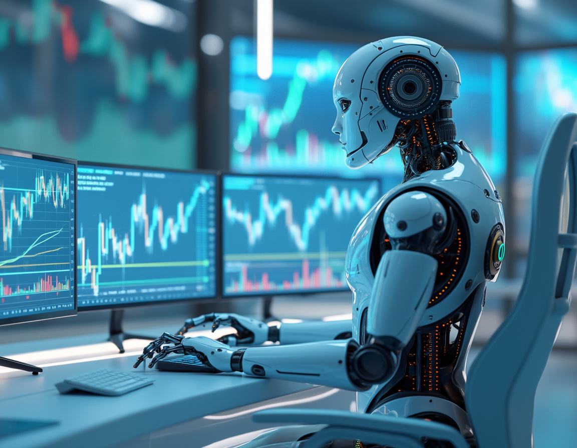 A humanoid AI trading bot at a workstation analyzing market data on multiple high-tech screens.