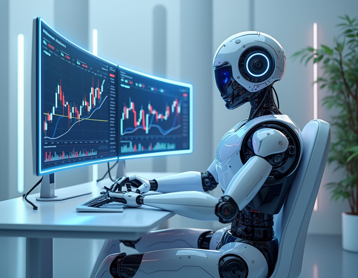 A humanoid AI trading bot at a high-tech workstation analyzing multiple stock and crypto charts.