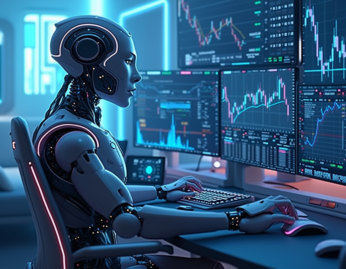 A hyper-realistic AI trading bot analyzes market data in a high-tech financial trading workspace.