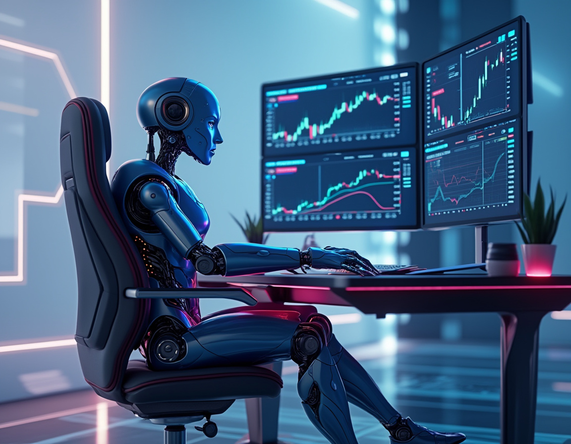 A humanoid AI trading bot sits at a high-tech workstation, analyzing market data on glowing screens.