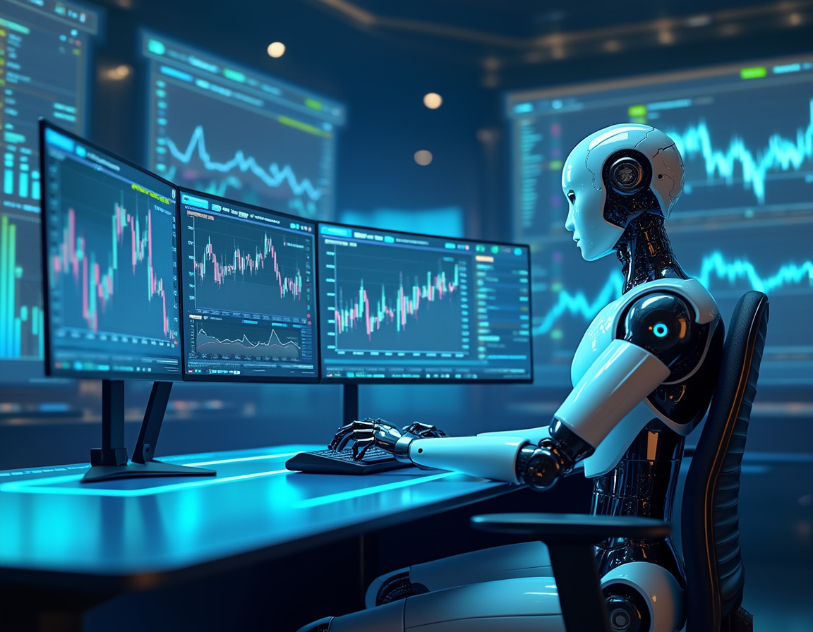 A hyper-realistic AI trading bot analyzes market data at a sleek workstation with multiple screens.