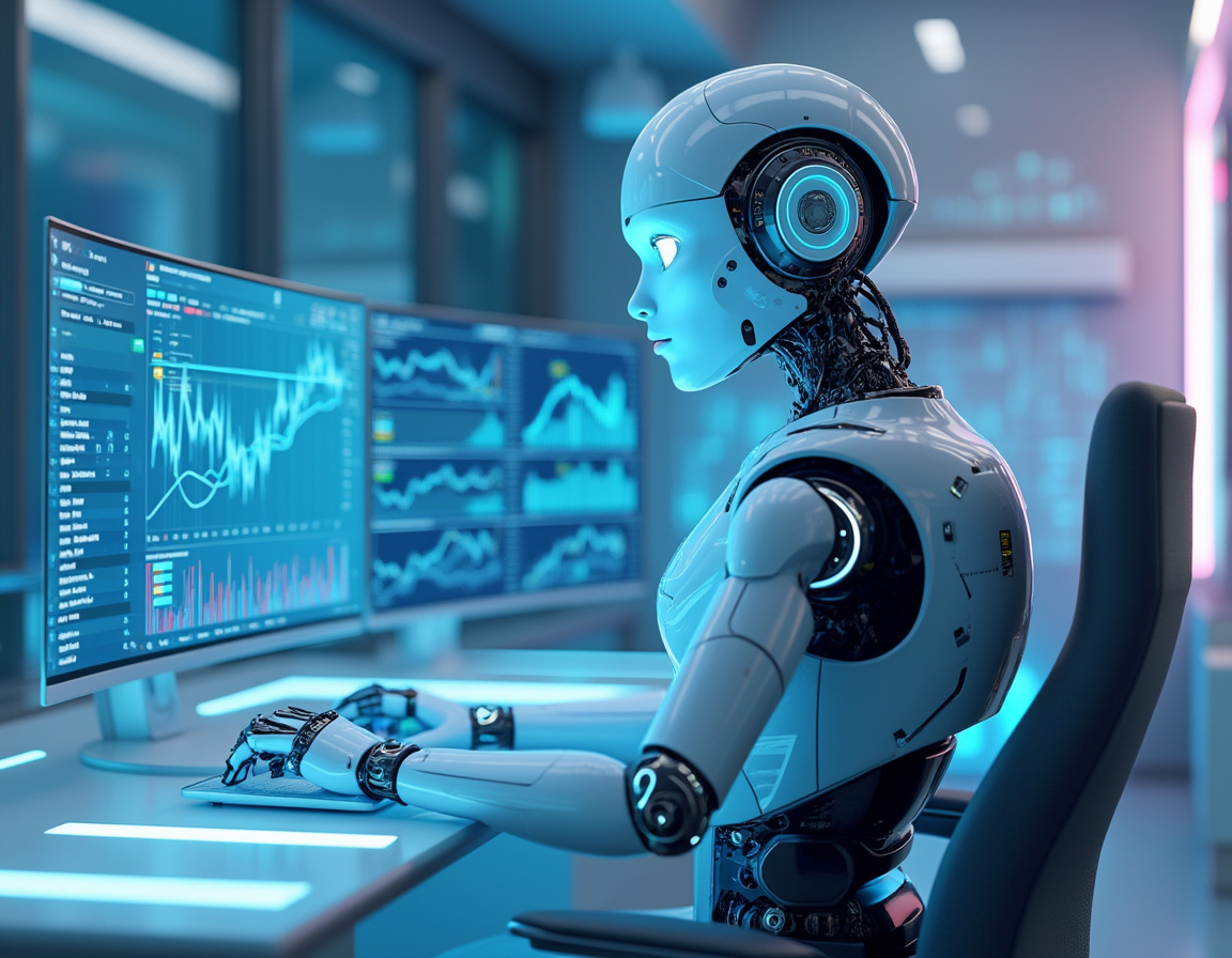 A sleek, humanoid AI trading bot at a high-tech workstation analyzing data on multiple screens.