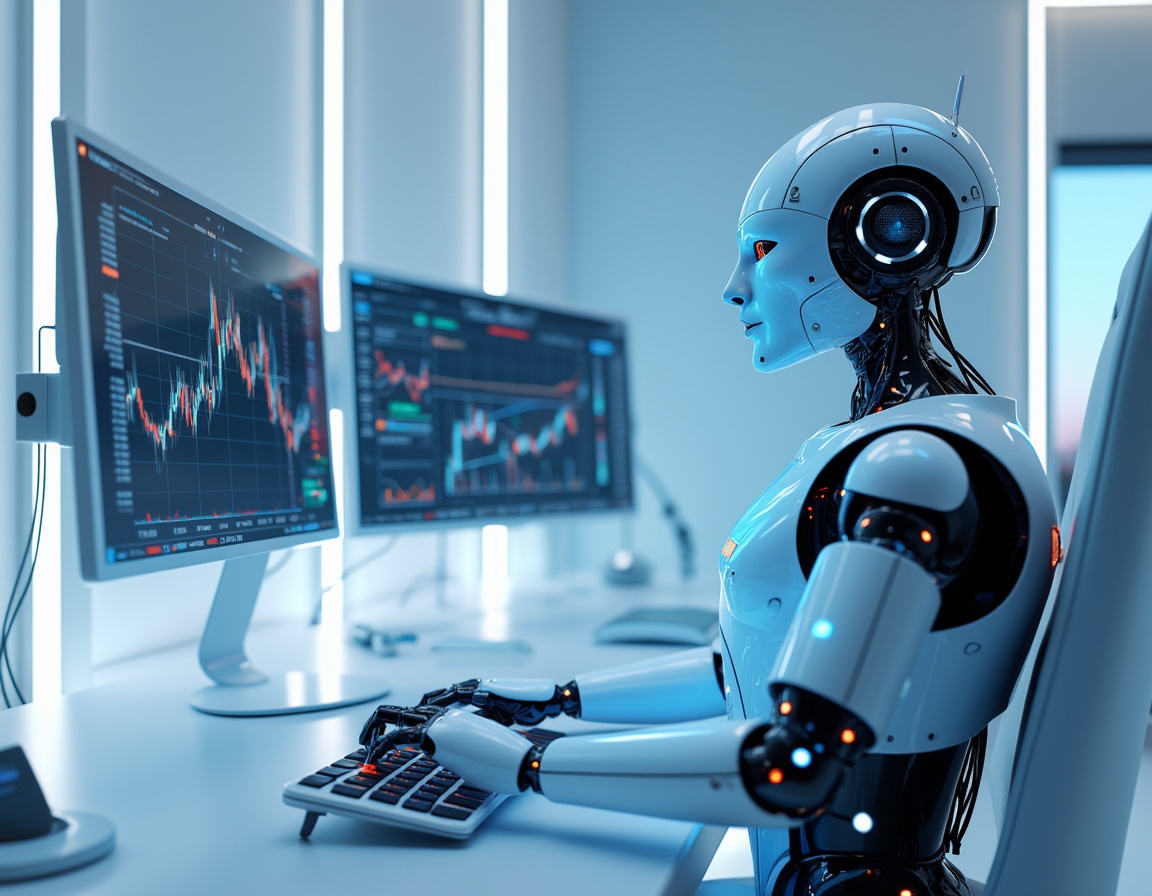 A humanoid AI trading bot at a futuristic workstation analyzes market data on multiple screens.