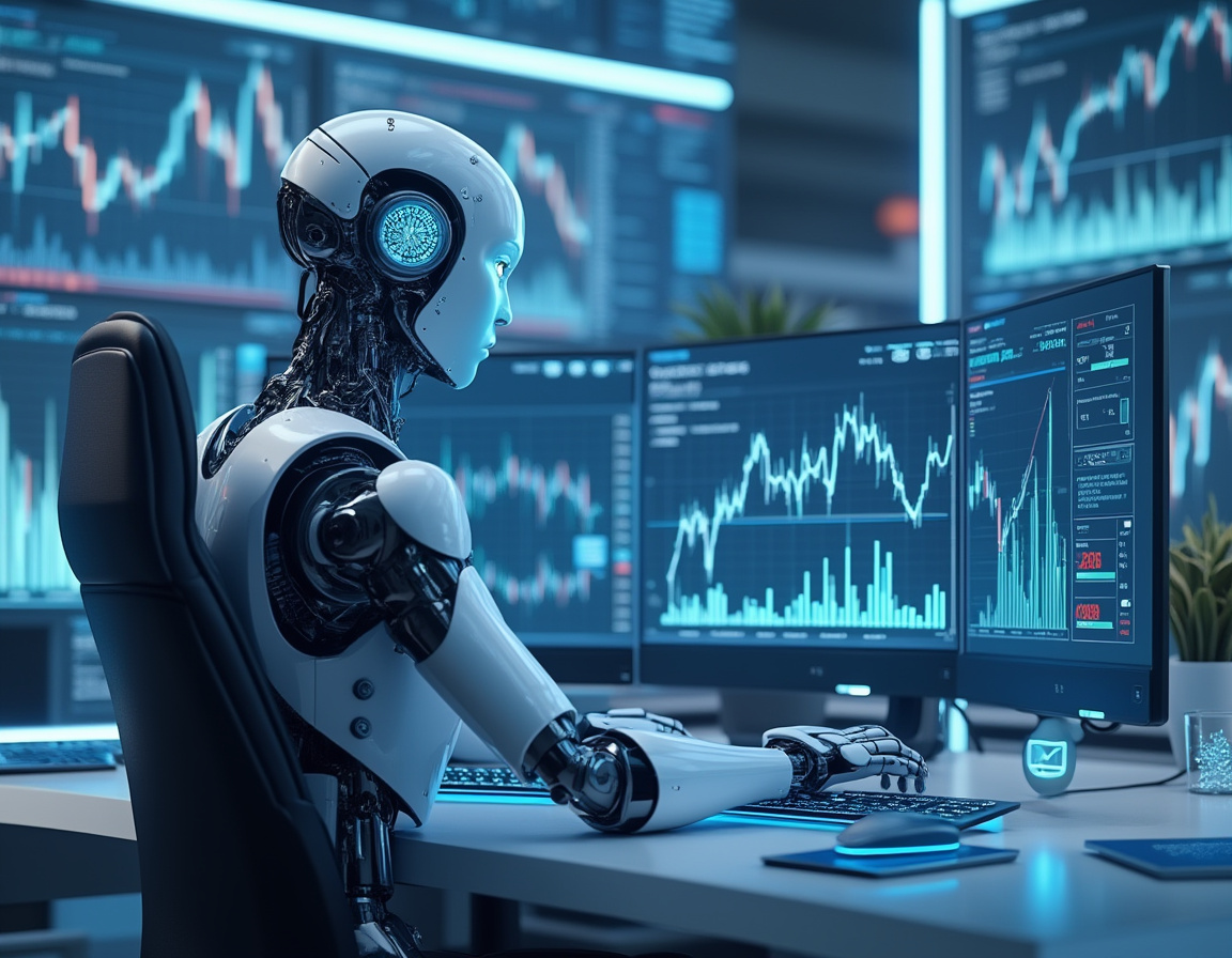 A humanoid AI trading bot analyzes market data at a high-tech workstation with multiple screens.