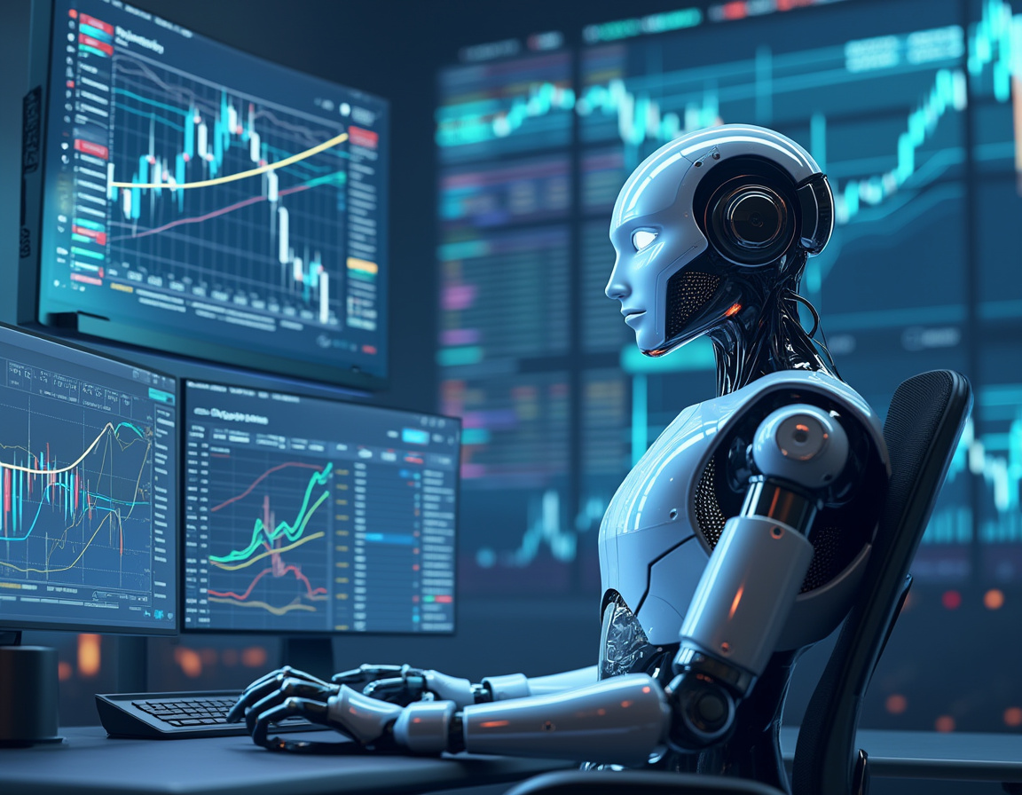 A futuristic AI trading bot at a high-tech workstation analyzing market data on multiple screens.