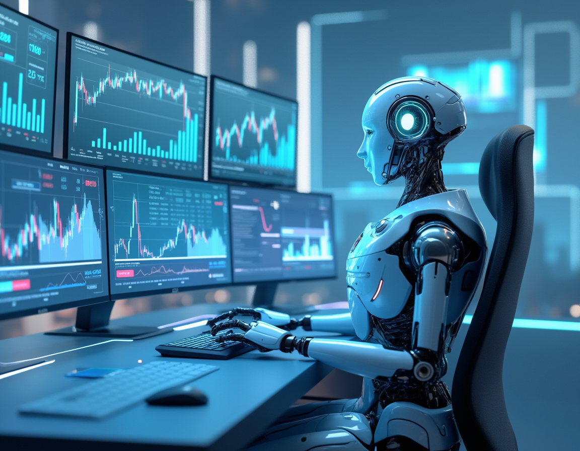 A hyper-realistic AI trading bot at a workstation, analyzing market data on multiple screens in 3D.