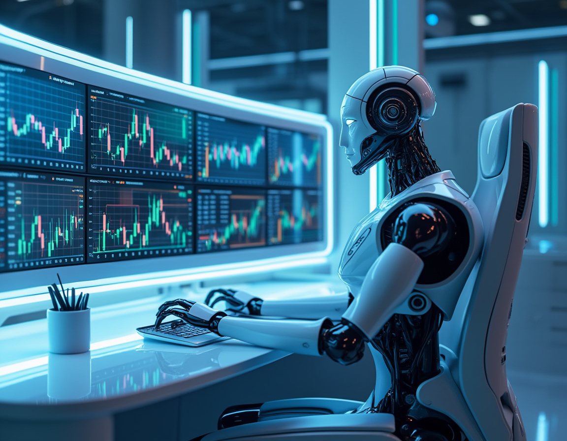 A humanoid AI trading bot analyzes market data at a high-tech workstation with multiple screens.