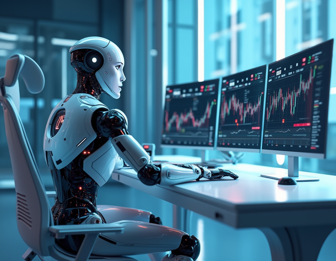 A humanoid AI trading bot at a high-tech workstation analyzing market data on multiple screens.
