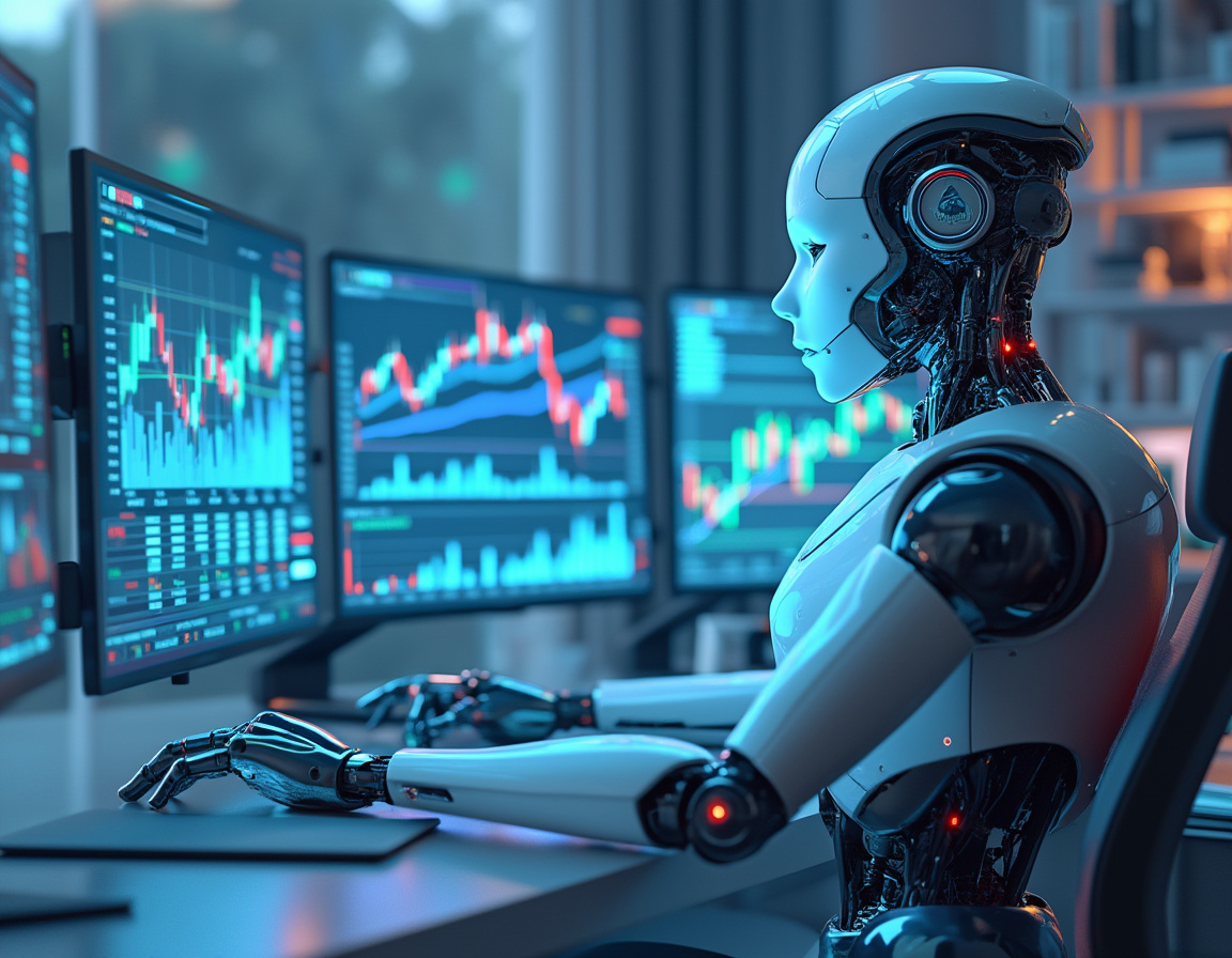 A humanoid AI trading bot at a high-tech workstation analyzes market data on multiple screens.