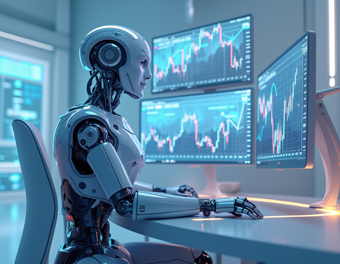 A hyper-realistic AI trading bot analyzes market data on multiple screens in a futuristic setting.