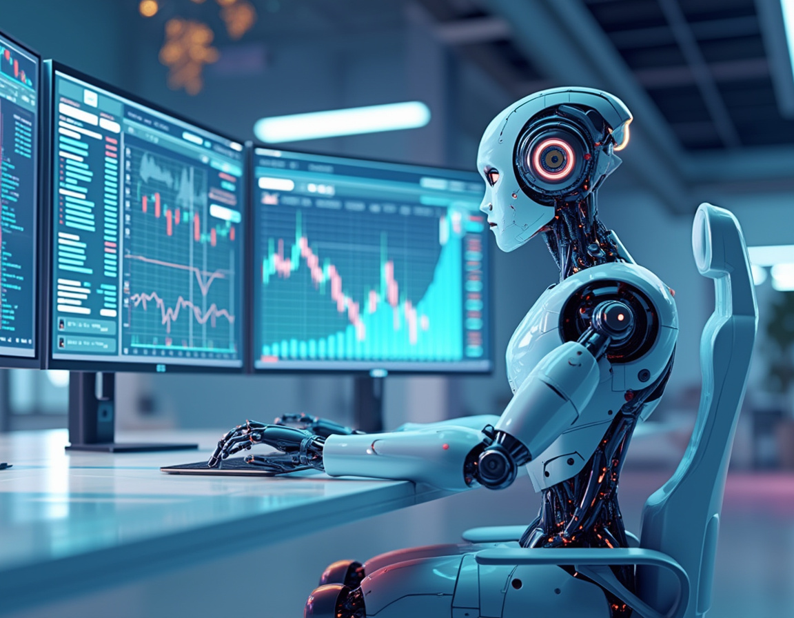 A hyper-realistic AI trading bot at a workstation, analyzing charts in a futuristic finance setting.