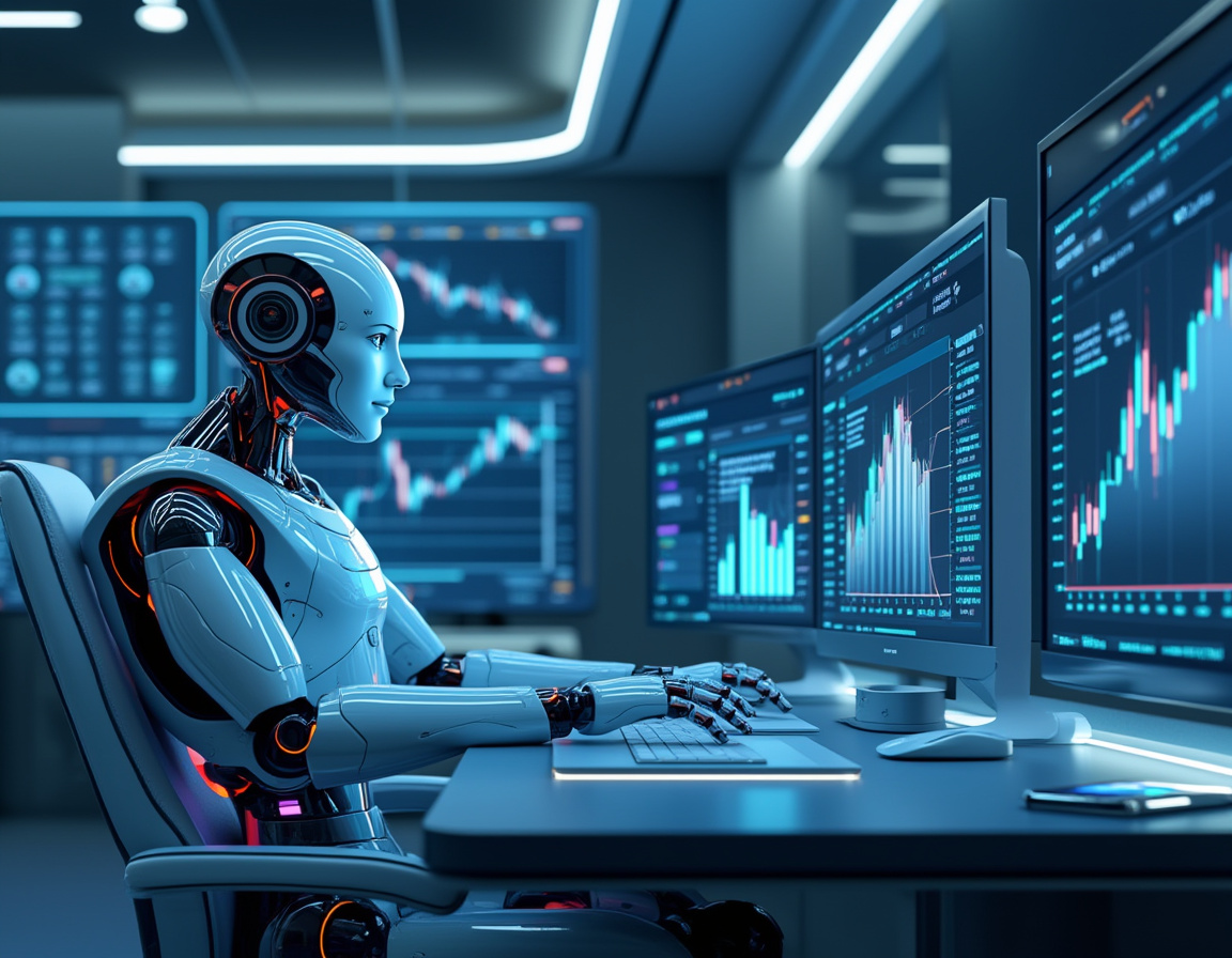 A humanoid AI trading bot analyzes market data at a high-tech workstation with multiple screens.