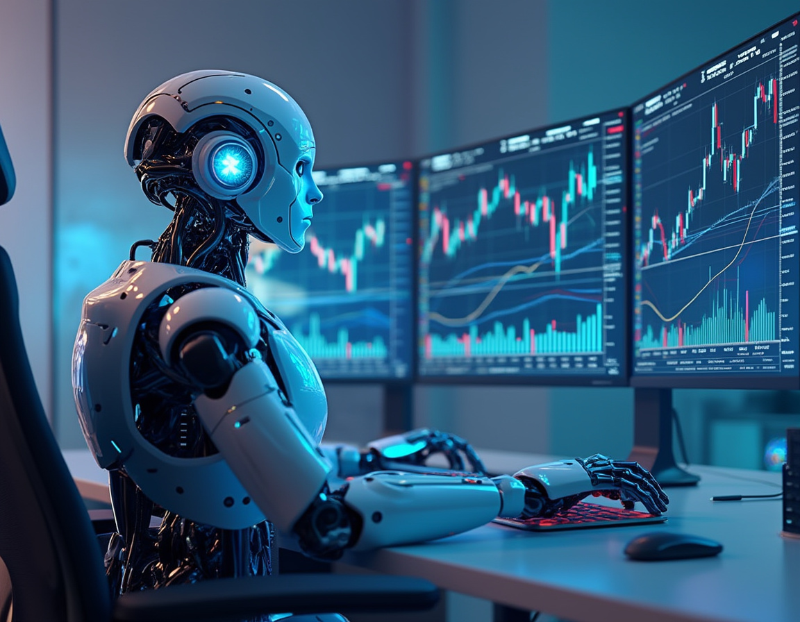 A humanoid AI trading bot at a high-tech workstation analyzing market data on multiple screens.