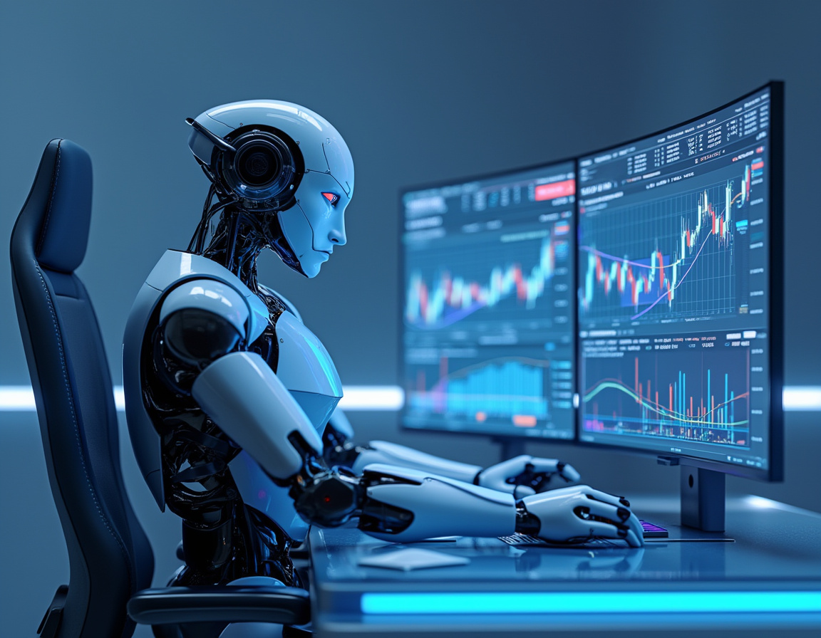 A humanoid AI trading bot at a high-tech workstation analyzes market data on multiple screens in 3D.