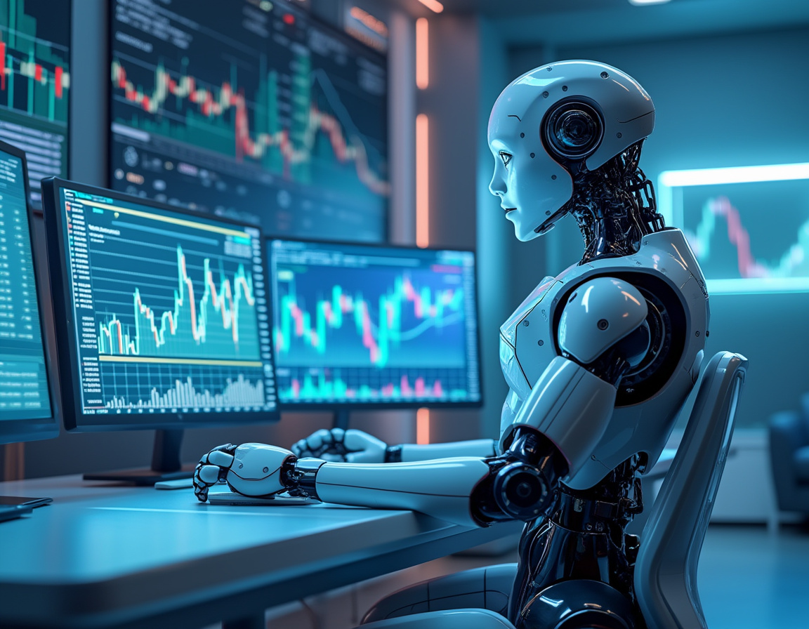 A humanoid AI trading bot analyzes market data at a high-tech workstation with dynamic screens.