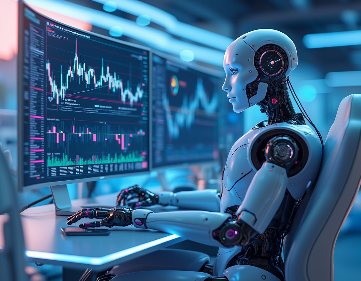 A hyper-realistic AI trading bot at a workstation, analyzing market data on multiple screens.