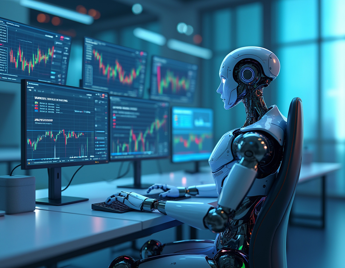 A hyper-realistic AI trading bot analyzes data at a workstation with screens showing market trends.
