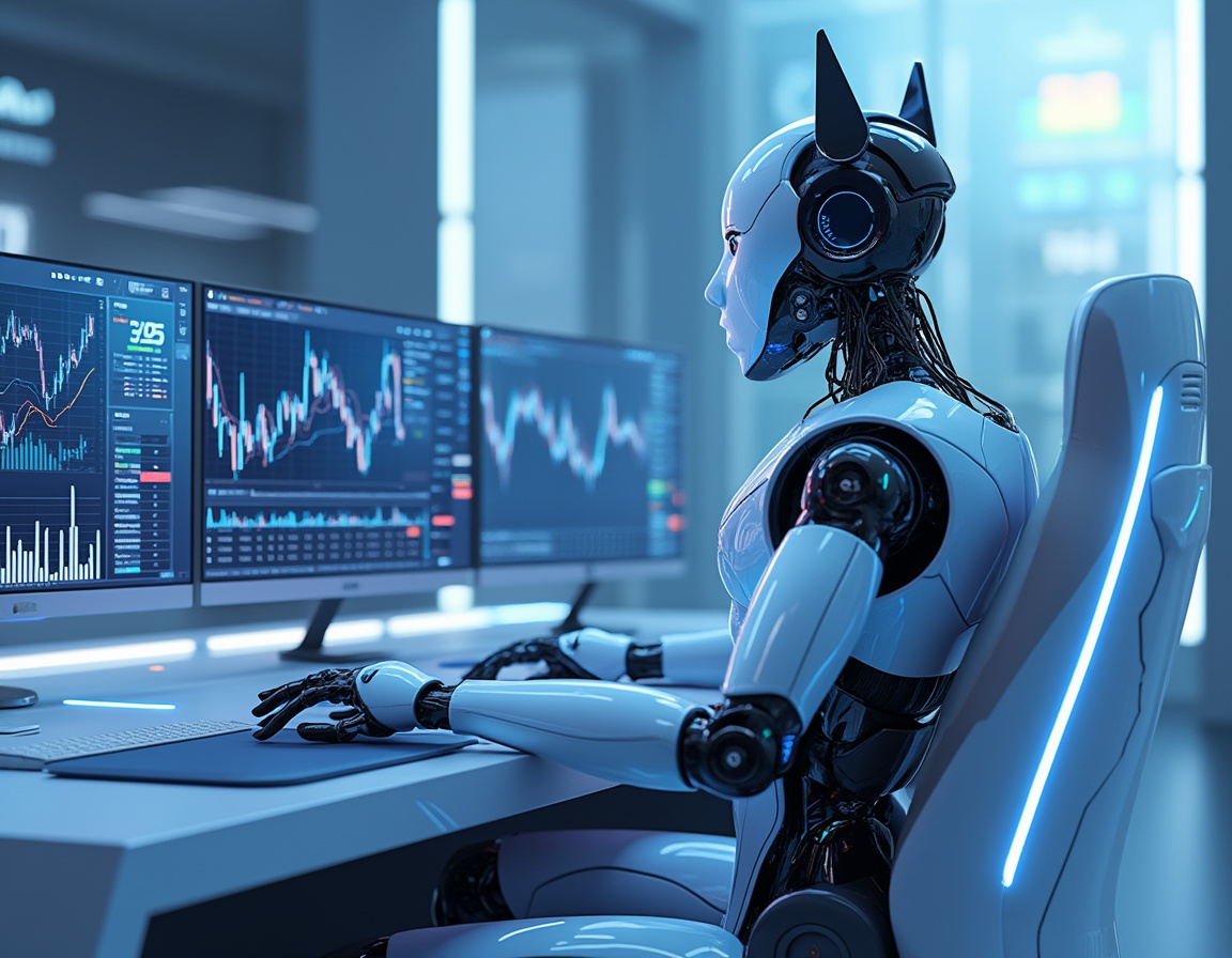 A humanoid AI trading bot analyzes data on multiple screens in a futuristic financial trading room.