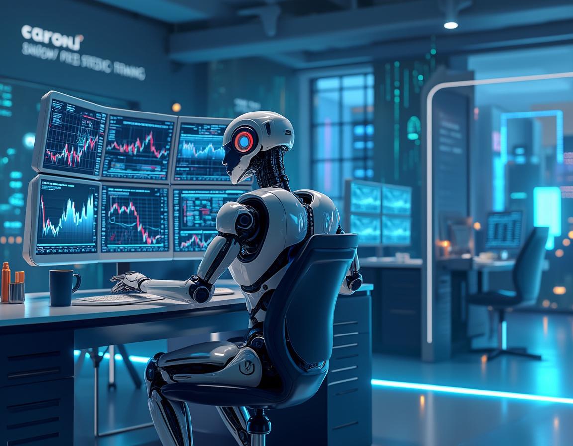 A humanoid AI trading bot analyzes market data at a high-tech workstation with multiple screens.