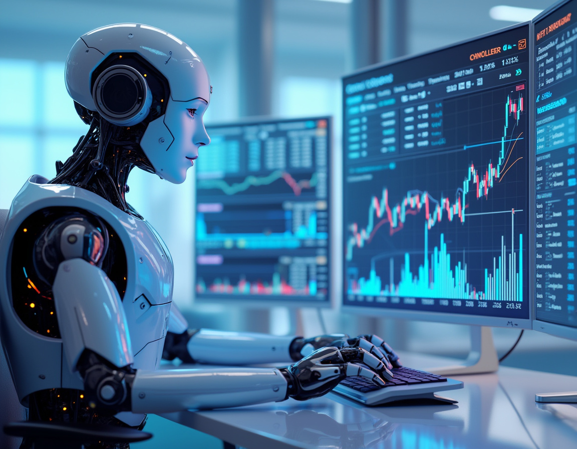 A humanoid AI trading bot analyzes market data at a futuristic workstation with glowing screens.