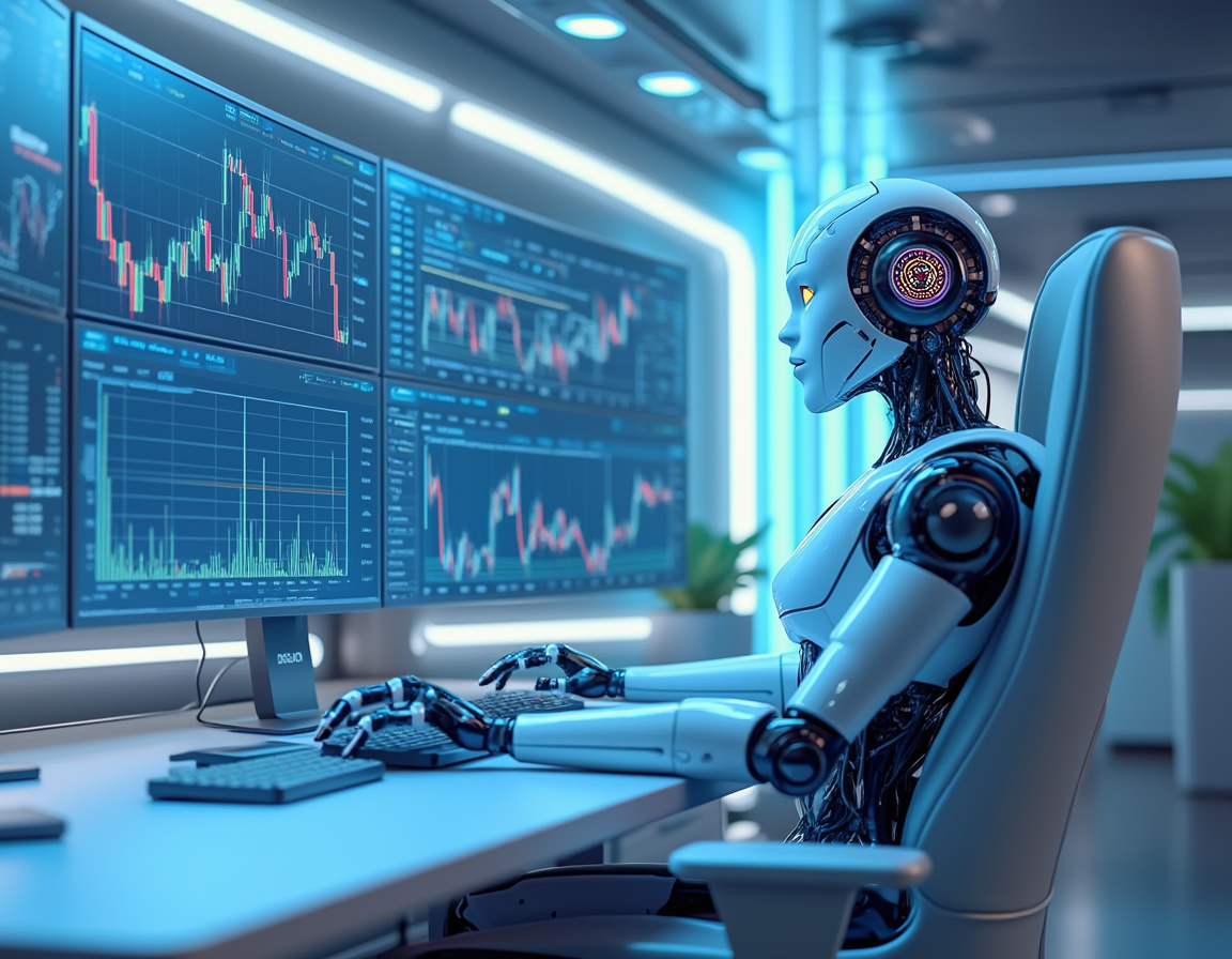 A hyper-realistic AI trading bot in a sleek workstation analyzing crypto and stock market data.