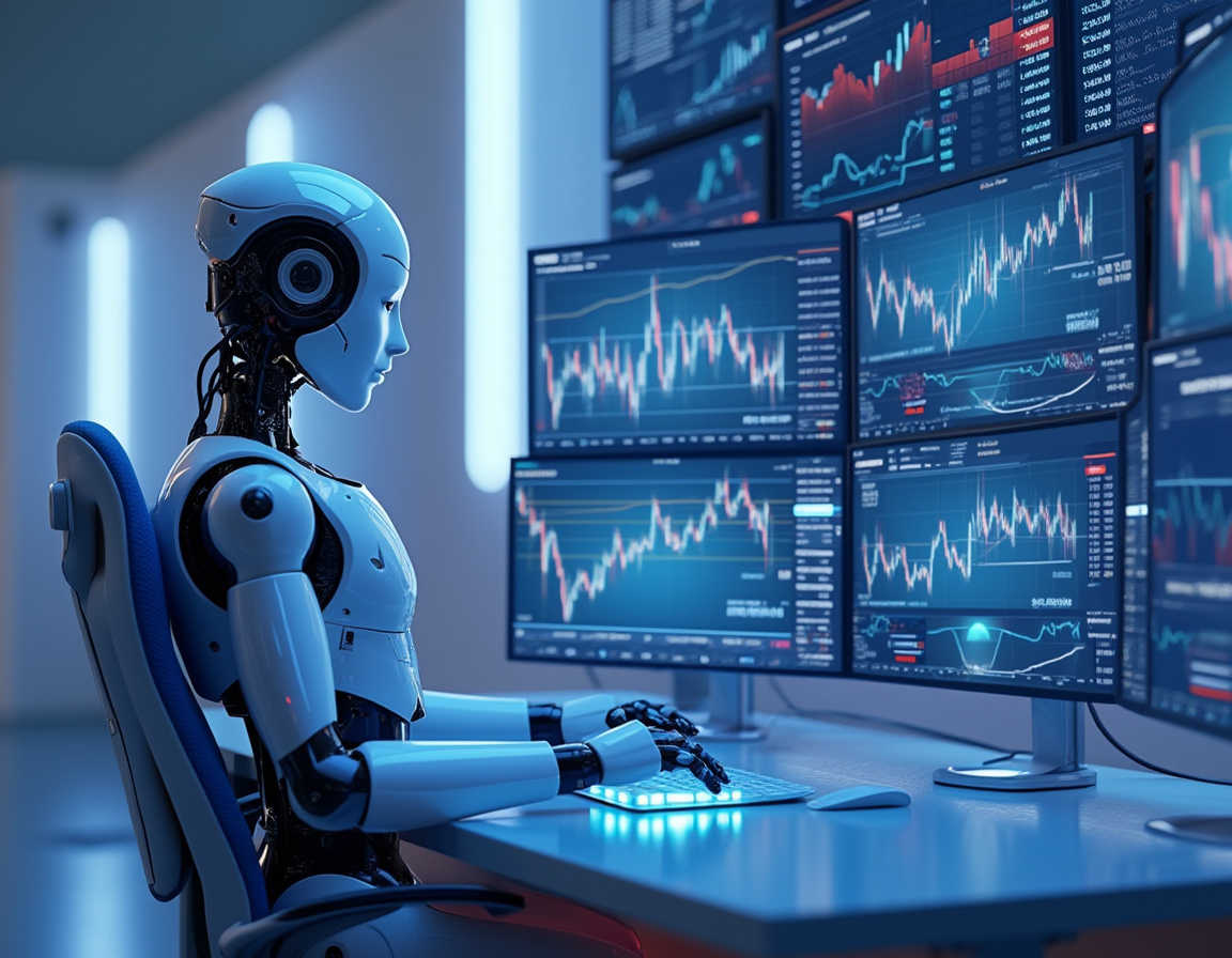 A humanoid AI trading bot in a high-tech workspace analyzes market data on multiple screens.