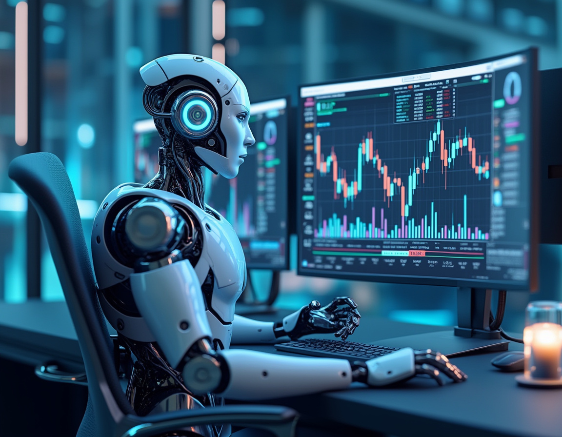 A hyper-realistic AI trading bot at a futuristic workstation analyzing crypto and stock market data.