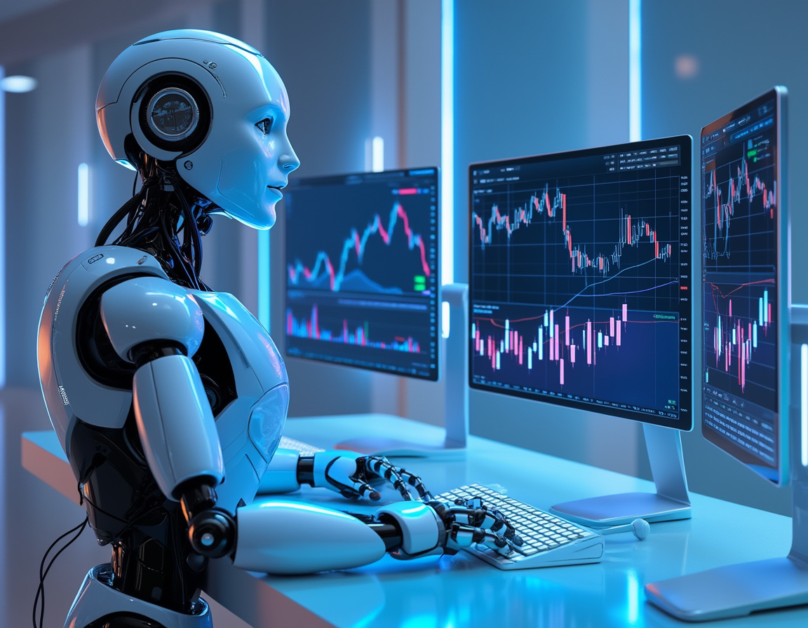 A hyper-realistic AI trading bot analyzing market data at a tech workstation with multiple screens.