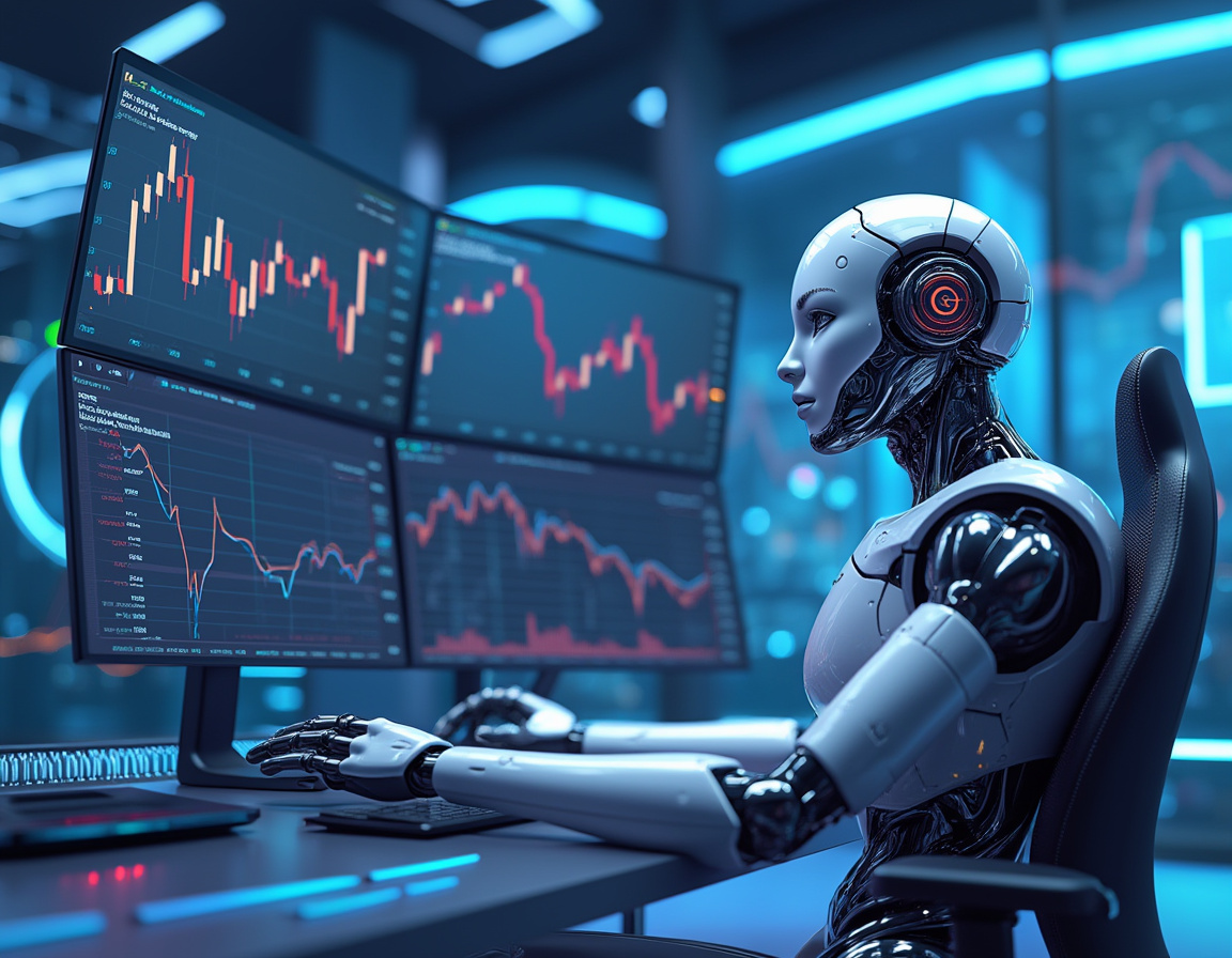 A humanoid AI trading bot at a high-tech workstation analyzing market data on glowing screens.