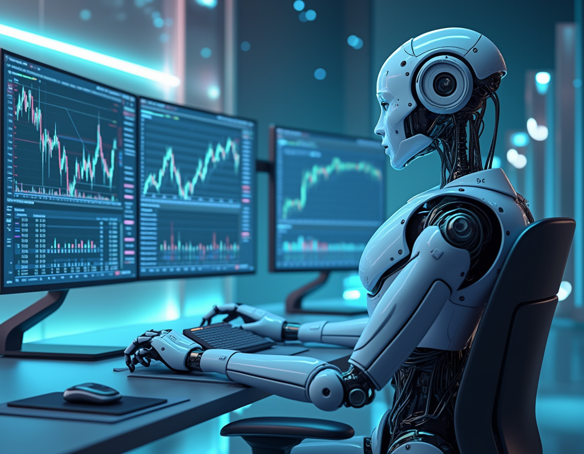 A sleek, humanoid AI trading bot at a workstation, analyzing market data on multiple screens in 3D.