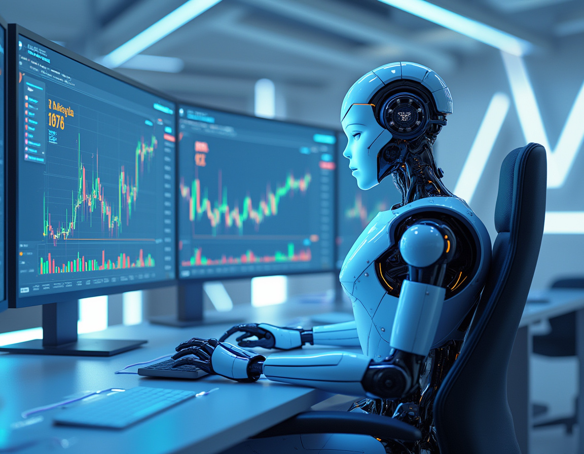 A humanoid AI trading bot analyzes market data at a high-tech workstation with multiple screens.