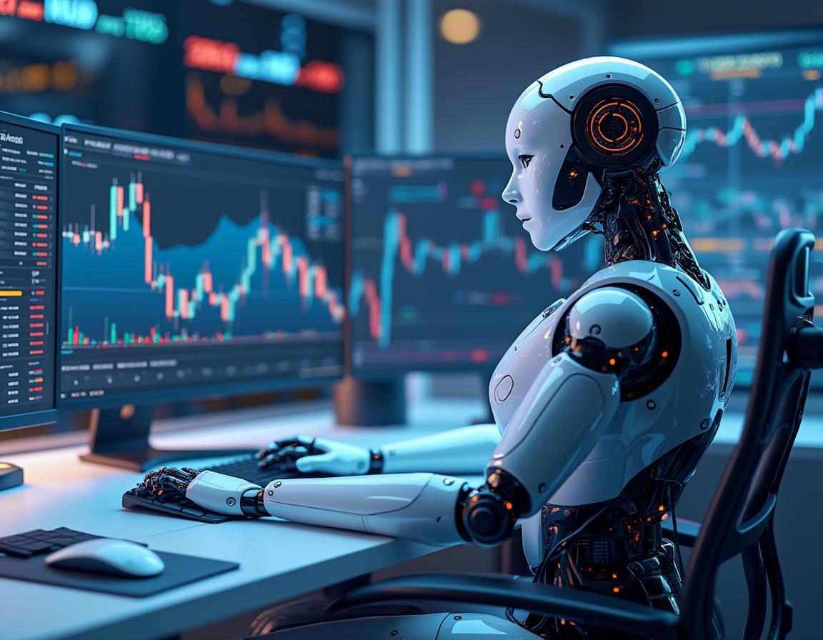 A humanoid AI trading bot at a high-tech workstation analyzing market data on multiple screens.