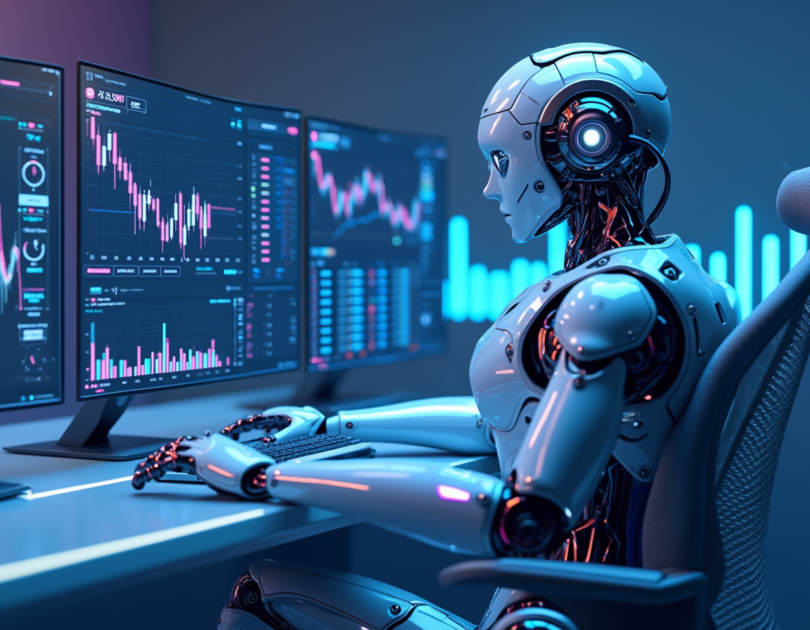 A humanoid AI trading bot analyzes market data at a high-tech workstation with multiple screens.