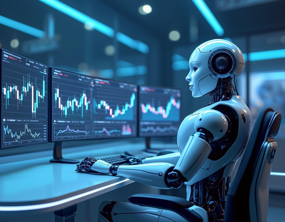 A humanoid AI trading bot analyzes market data at a high-tech workstation with glowing screens.