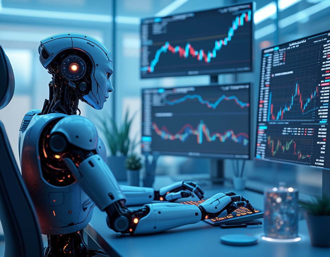 A sleek, humanoid AI trading bot at a high-tech workstation, analyzing multiple market data screens.