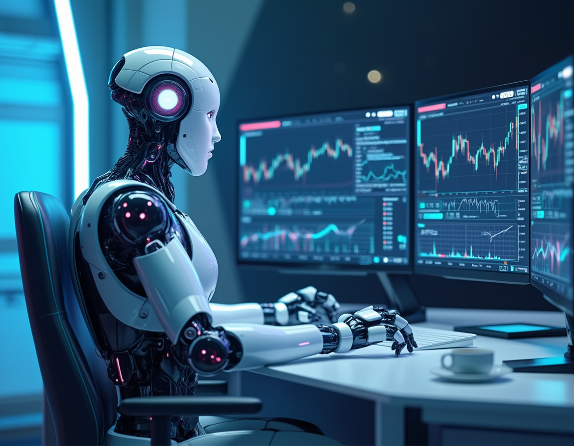 A hyper-realistic AI trading bot analyzes market data, executing trades in a futuristic workspace.