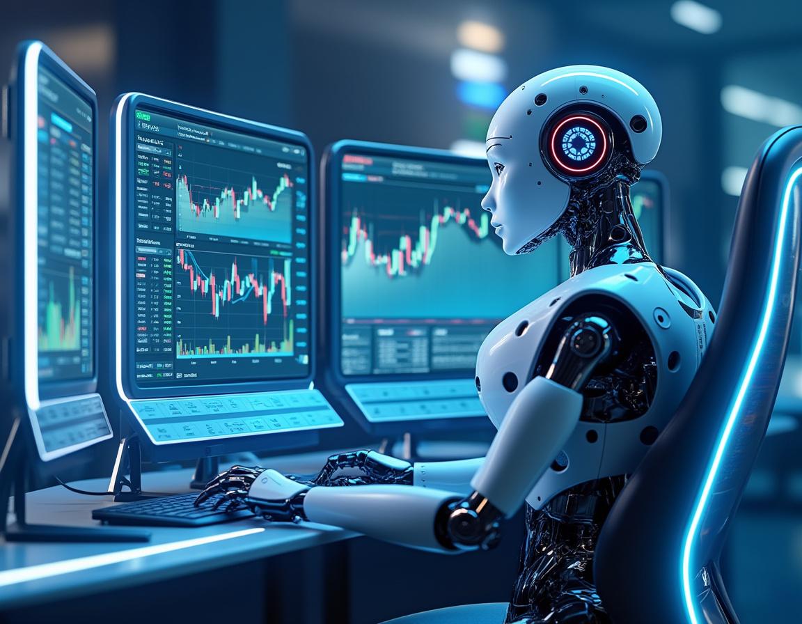A hyper-realistic AI trading bot at a high-tech workstation, analyzing crypto and stock market data.