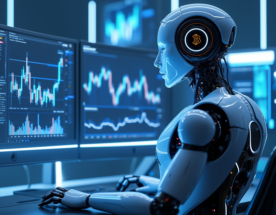 A humanoid AI trading bot at a high-tech workstation analyzing market data on multiple screens.