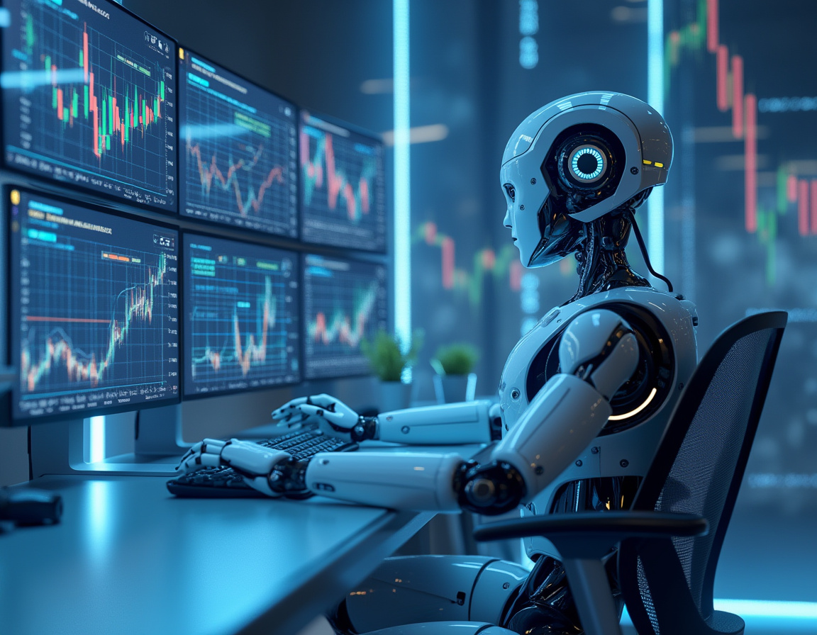 A humanoid AI trading bot analyzes market data at a high-tech workstation with multiple screens.